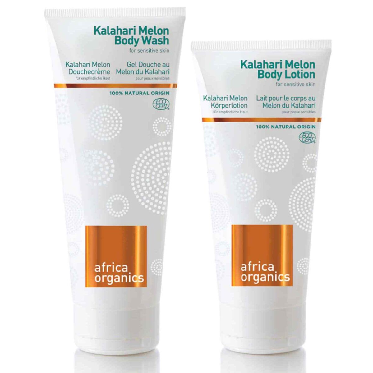 Pureday To tuber Africa Organics - Kalahari body wash & lotion, den ene mærket "Kalahari Melon Body Wash" og den anden "Kalahari Melon Body Lotion", som begge hævder at være